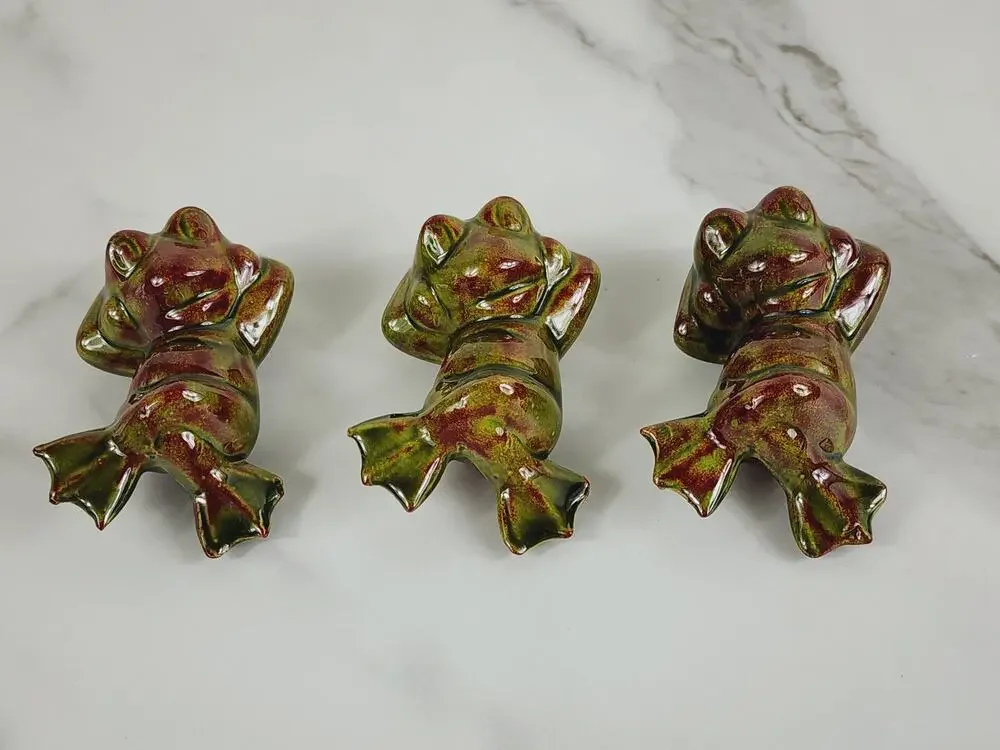 Mini Frog Figurine Relaxed Laying On Back 80's Glazed Ceramic 3